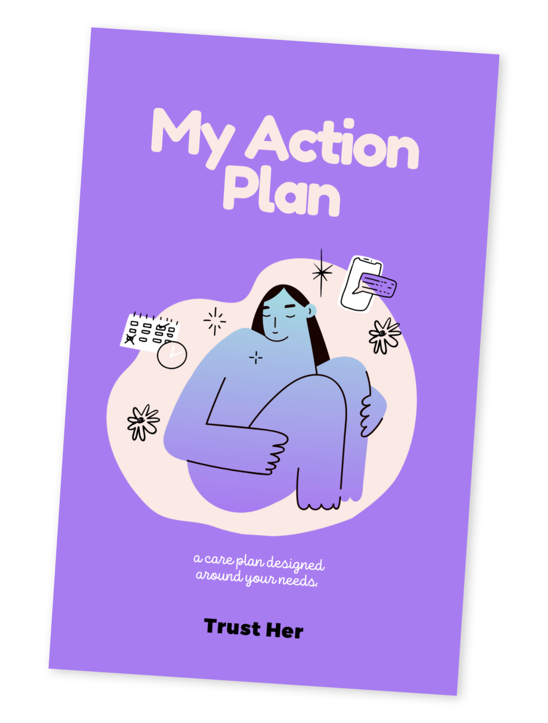 Portada de &quot;Mi plan de acción&quot;, que muestra una ilustración de una mujer joven con anticonceptivos a su alrededor.