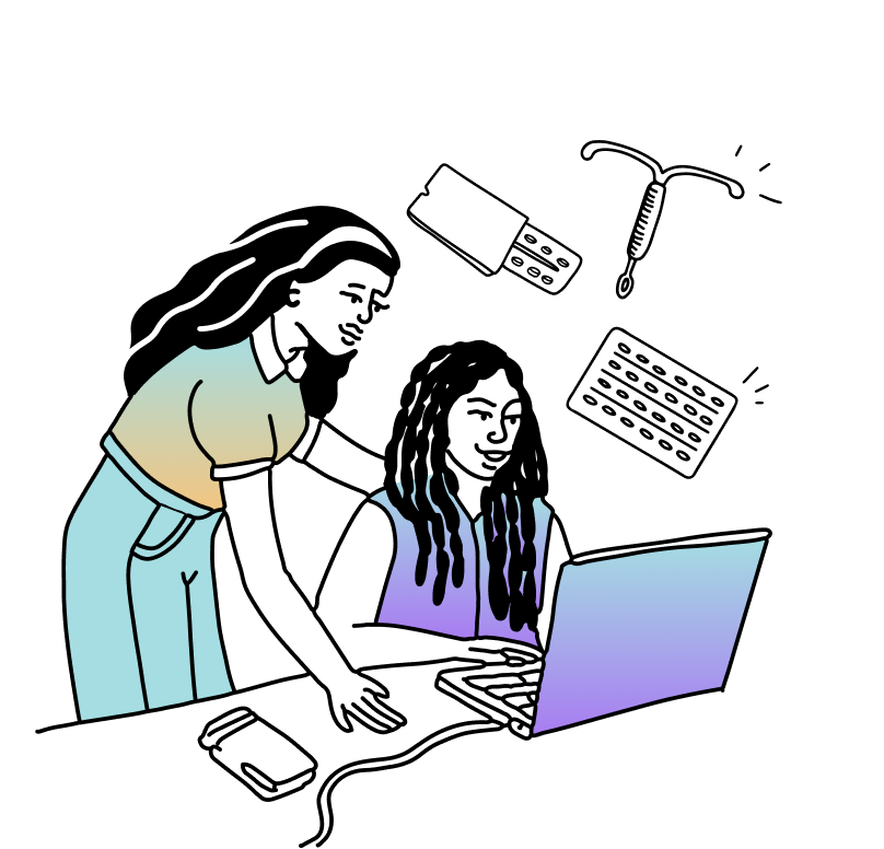Illustration of a young teen woman and a mom on the computer, around some birth control options.