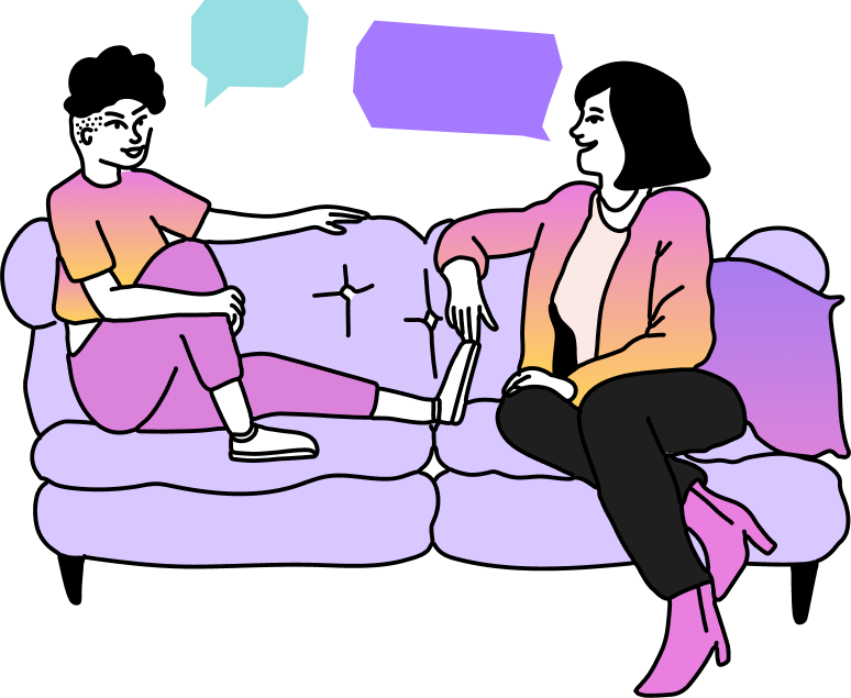 Illustration of a teen and parent talking on a couch