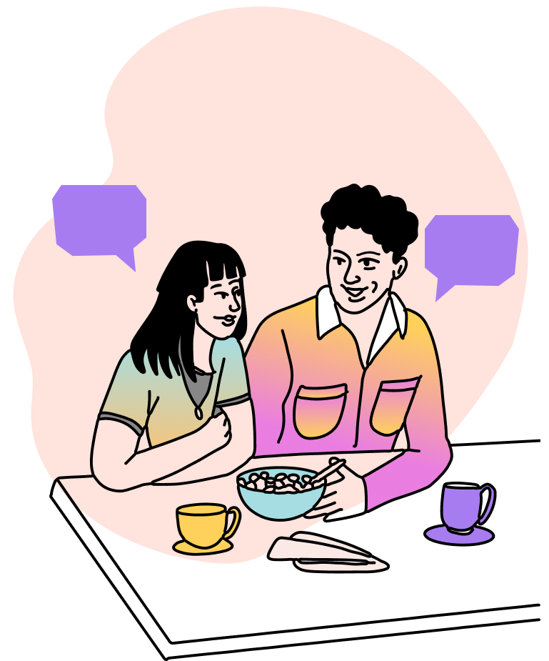 Illustration of a teen and parent talking over breakfast.
